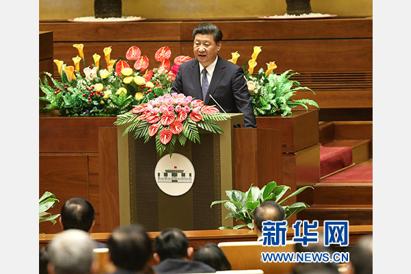 11月6日，中共中央總書記、國家主席習近平在越南國會發表題為《共同譜寫中越友好新篇章》的重要演講。 新華社記者 龐興雷 攝